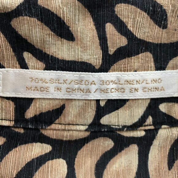 Perry Ellis Men Shirt Large Short Sleeve Silk Linen Button Up Leaf Print Tan Y2K - Picture 8 of 11